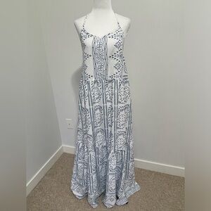 Shein White & Blue Flowing Maxi Halter Sundress with Tiered Skirt - Size Medium
